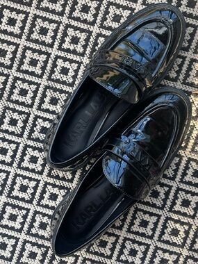 Karl Lagerfeld Black Patent Leather Penny Loafers for women size 7